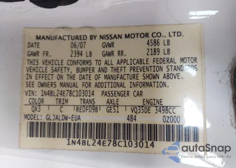 2008 Nissan Altima 3.5 Se from USA, damaged, VIN 1N4BL24E78C103014